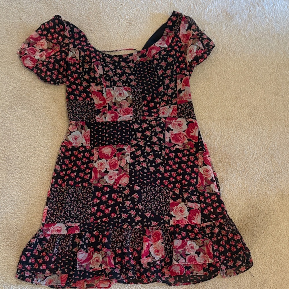 Girls pink and black floral dress with cross cross back